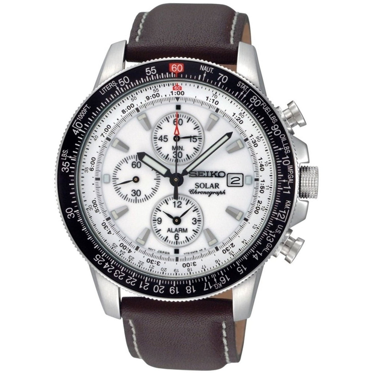 Seiko Men&#39;s SSC013 Solar Flight Chronograph Brown Leather Watch
