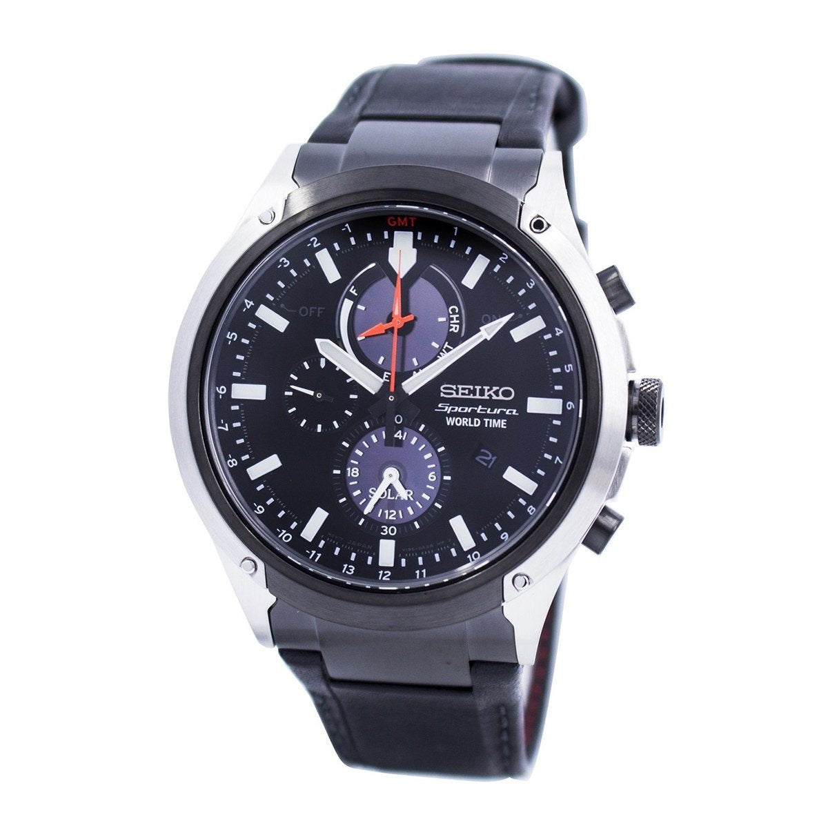 Seiko Men&#39;s SSC483 Solar Sportura Chronograph Black Leather Watch