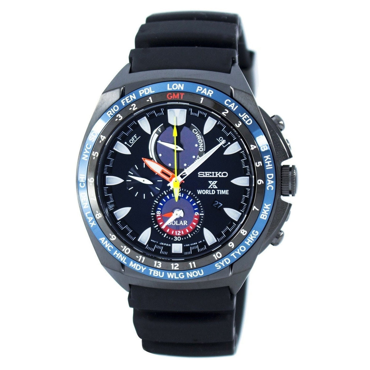 Seiko Men&#39;s SSC551 Solar Chronograph World Time Black Silicone Watch