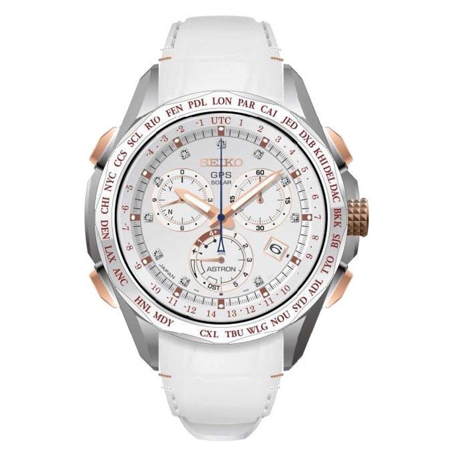 Seiko Women&#39;s SSE021 Astron GPS Solar Limited Edition Chronograph Diamond World Time White Leather Watch