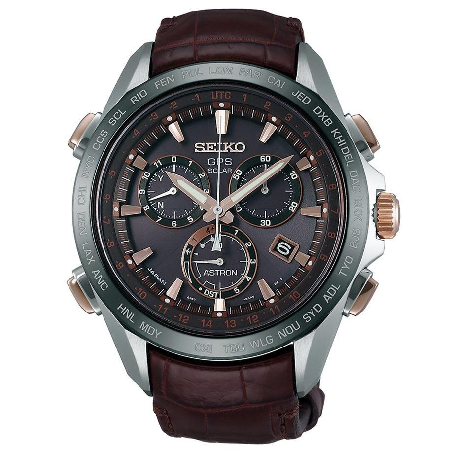 Seiko Men&#39;s SSE025 Astron GPS Solar Chronograph World Time Brown Leather Watch