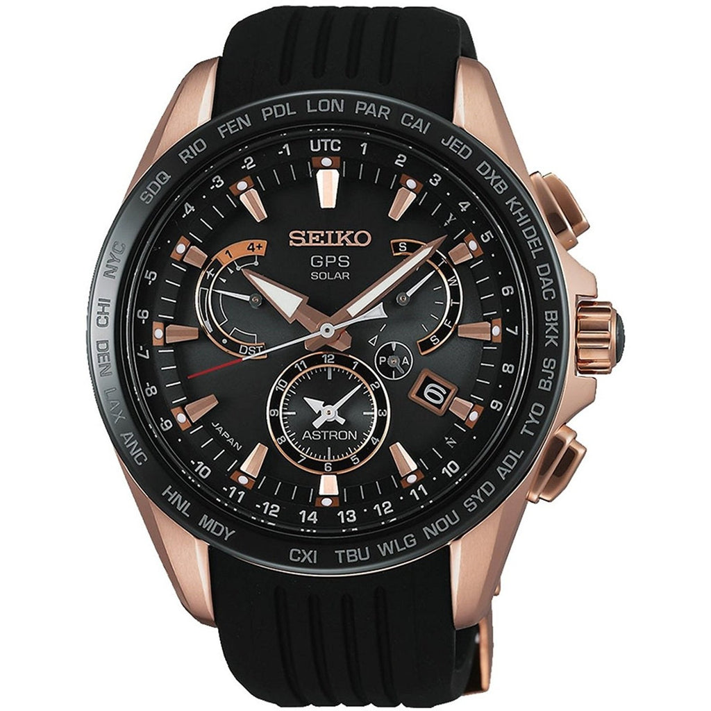 Seiko Men's SSE055 Astron GPS Solar World Time Black Silicone Watch -