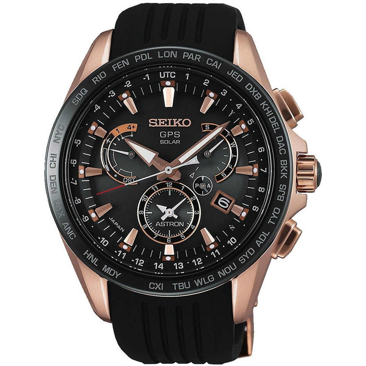 Seiko Men&#39;s SSE055 Astron GPS Solar World Time Black Silicone Watch
