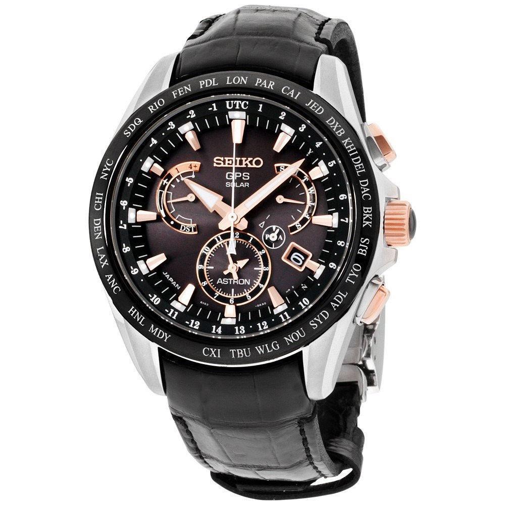 Seiko Men&#39;s SSE061 Astron GPS Solar Chronograph World Time Black Leather Watch