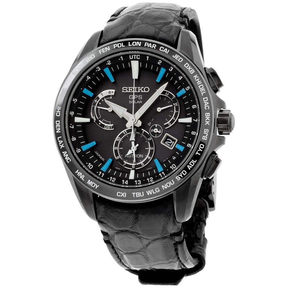 Seiko Men&#39;s SSE067 Astron GPS Solar Chronograph World Time Black Leather Watch