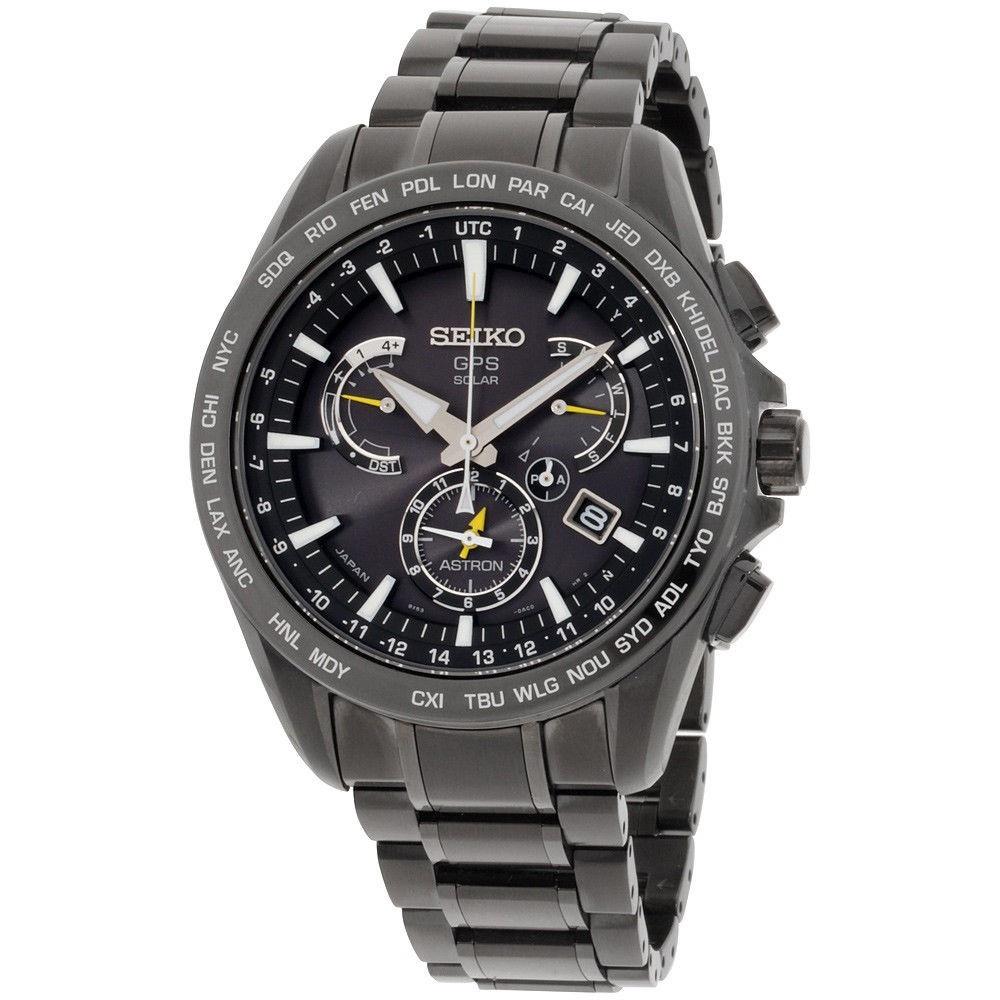 Seiko Men&#39;s SSE079 Astron GPS Solar Chronograph World Time Black Stainless Steel Watch