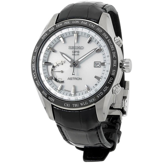 Seiko Men's SSE093 Astron GPS Solar World Time Black Leather Watch