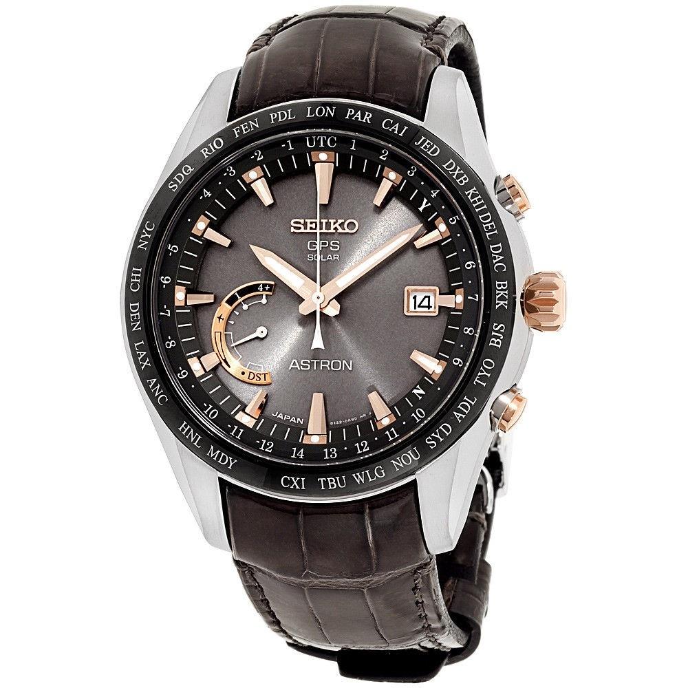 Seiko Men&#39;s SSE095 Astron GPS Solar World Time Brown Leather Watch