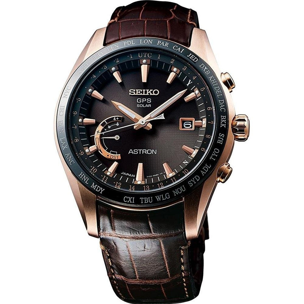 Seiko Men&#39;s SSE096 Astron GPS Solar World Time Brown Leather Watch