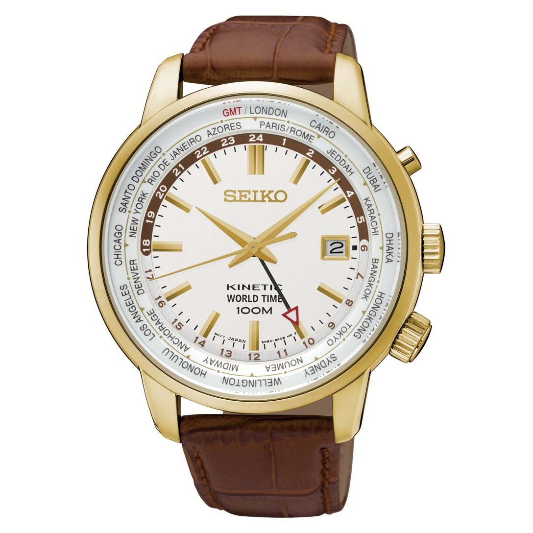 Seiko Men&#39;s SUN070 Kinetic World Time Brown Leather Watch