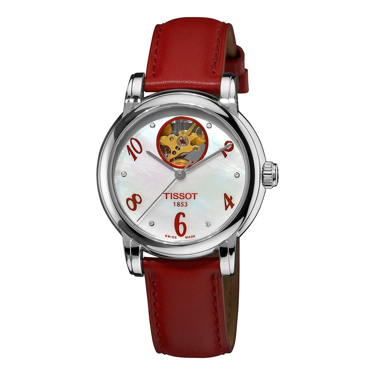 Tissot Women&#39;s T0502071611601 Lady Heart Automatic Open Wheel Diamond Red Leather Watch