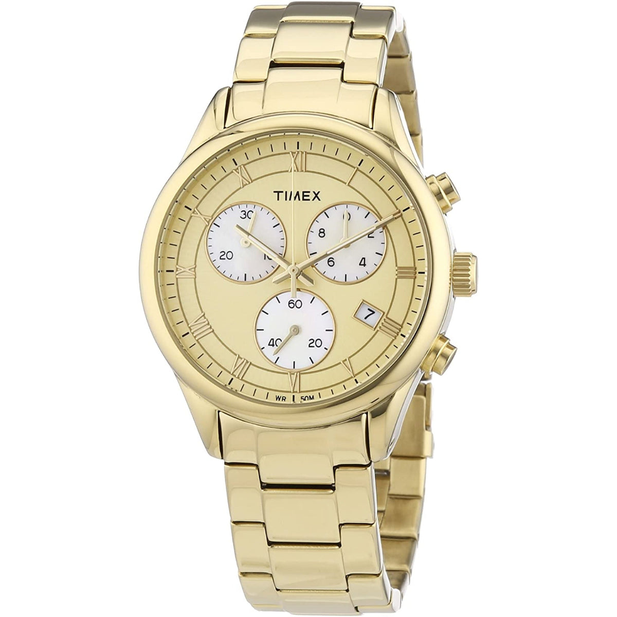 Timex Women&#39;s T2P159 Weekender Chronograph Crystal Gold-Tone Stainless Steel Watch