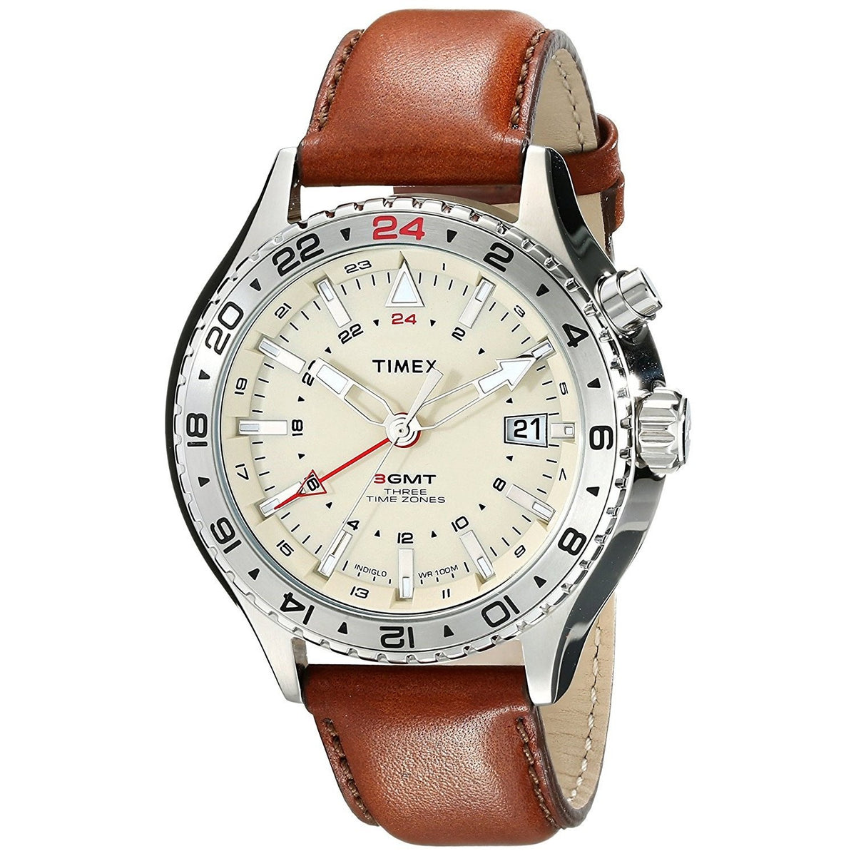 Timex Men&#39;s T2P426 Indiglo GMT Three Time Zones Brown Leather Watch