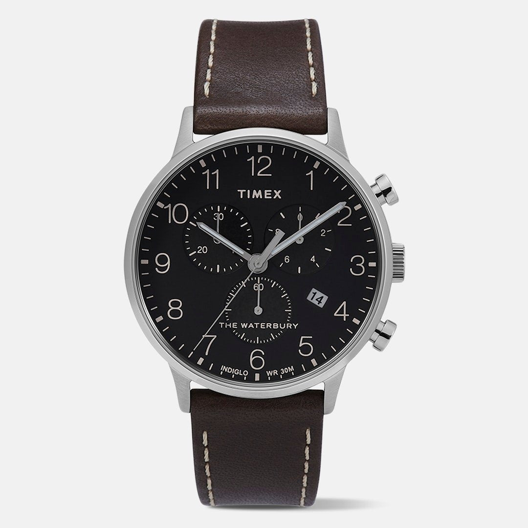Timex Men's TW2T28200VQ Waterbury Chronograph Black Leather Watch