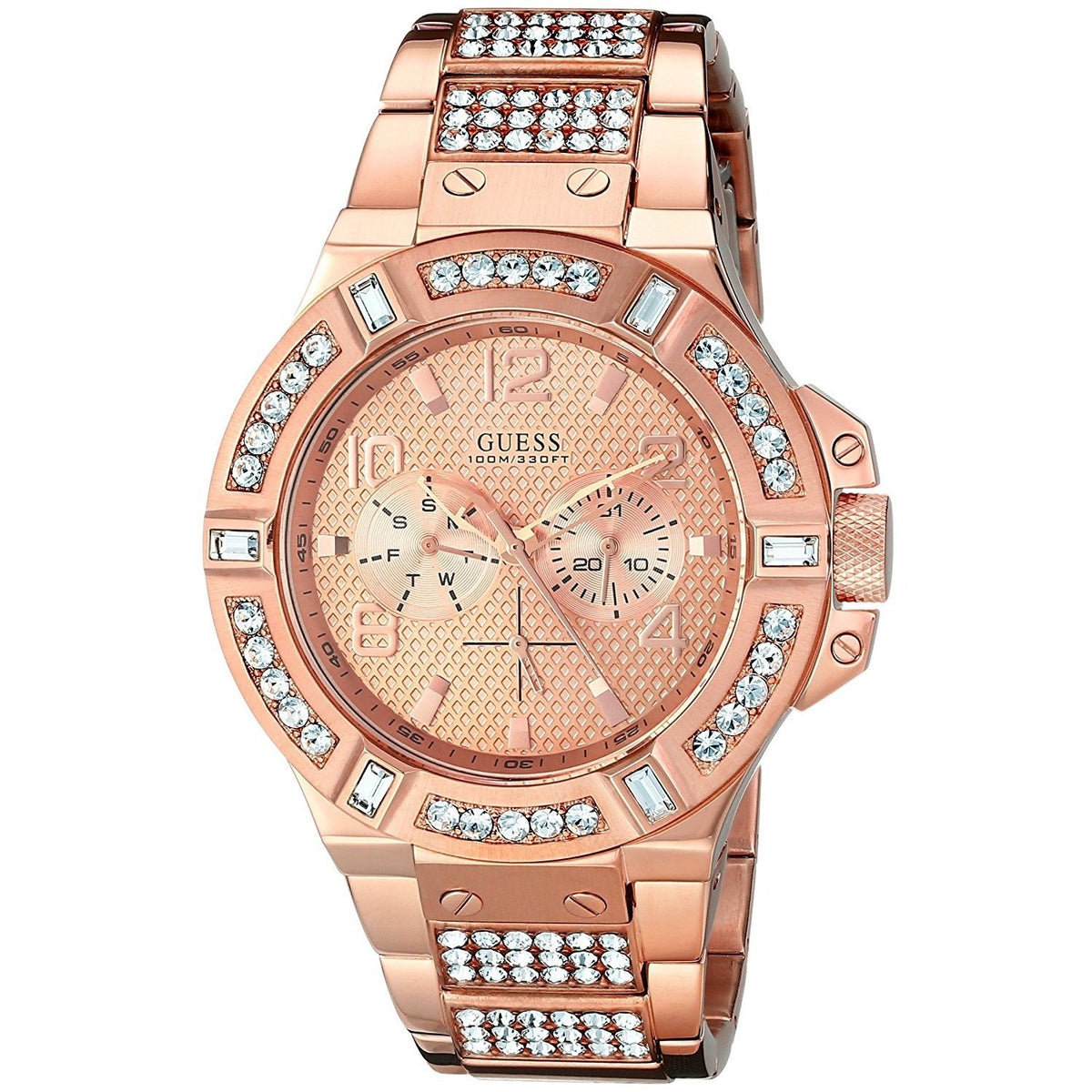Guess Men&#39;s U0292G2 Rigor Multi-Function Crystal Rose-Tone Stainless Steel Watch