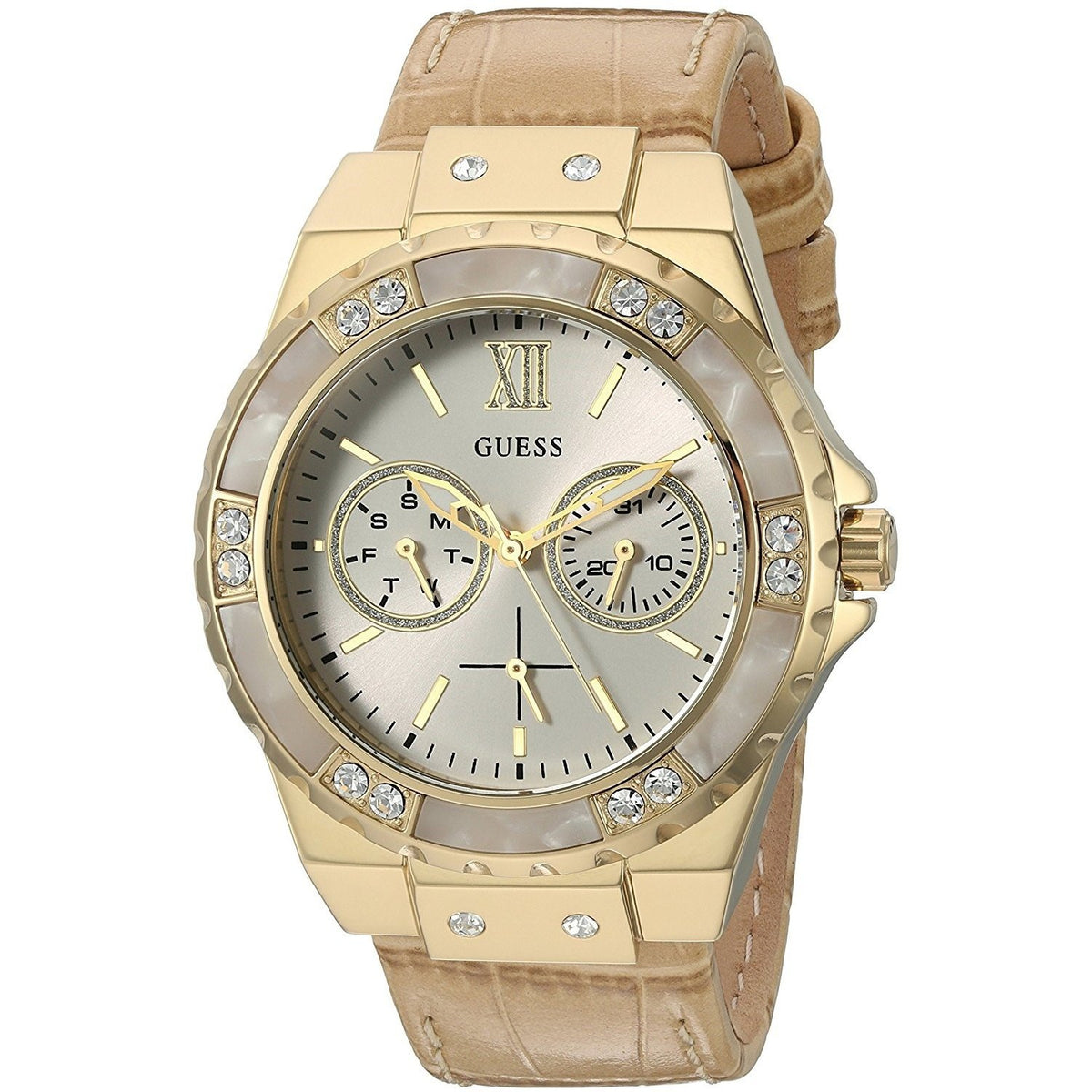 Guess Women&#39;s U0775L2 Multi-Function Crystal Brown Leather Watch
