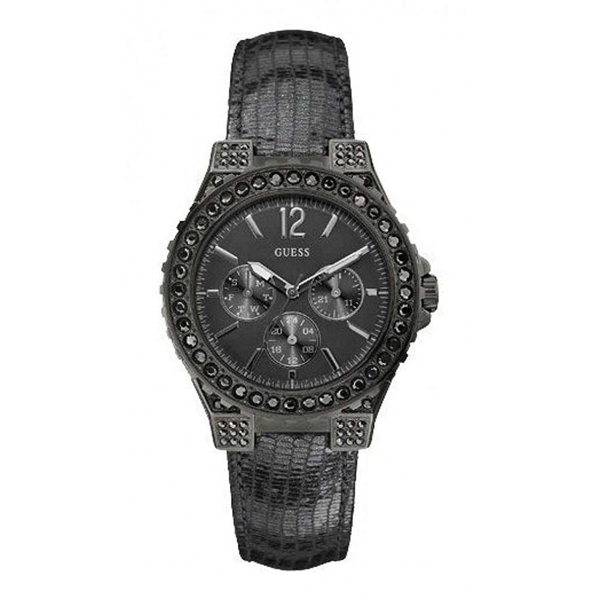 Guess Women&#39;s W0029L2 Overdrive Glam Multi-Function Crystal Grey Leather Watch