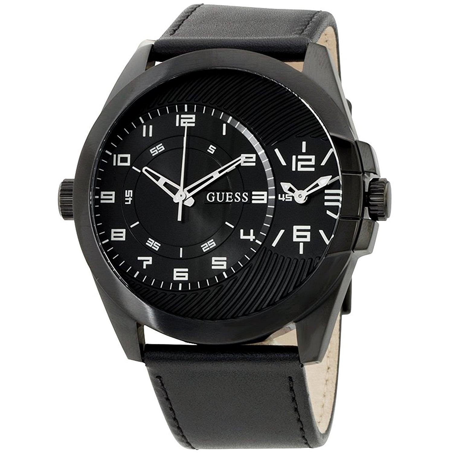 Guess Men s W0505G5 Classic Dual Time Black Leather Watch Bezali
