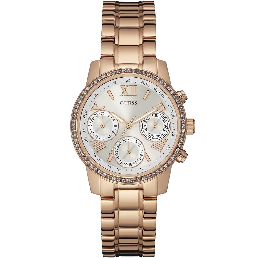 Guess Women&#39;s W0623L2 Mini-Sunrise Multi-Function Crystal Rose-Tone Stainless Steel Watch
