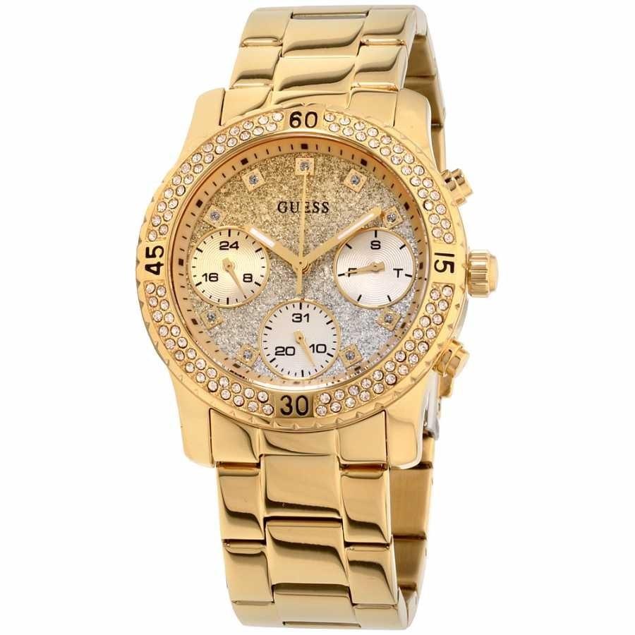 Guess Women&#39;s W0774L5 Confetti Chronograph with Gold and SiLver Glitter Gold-Tone Stainless Steel Watch