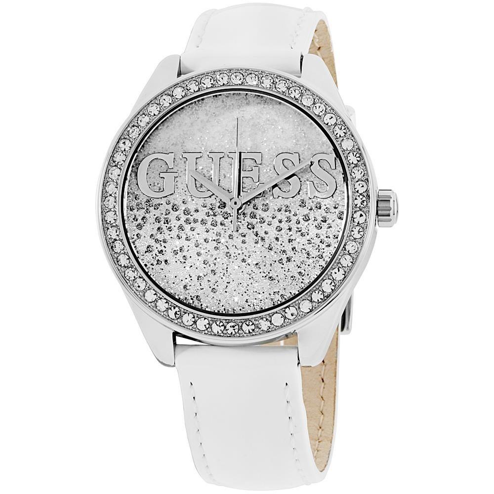 Guess Women&#39;s W0823L1 Glitter Girl Crystal White Leather Watch