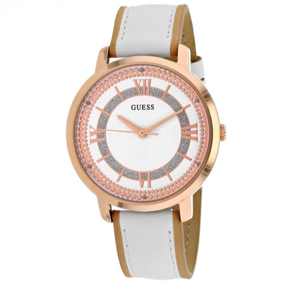Guess Women&#39;s W0934L1 Montauk Crystal White Leather Watch
