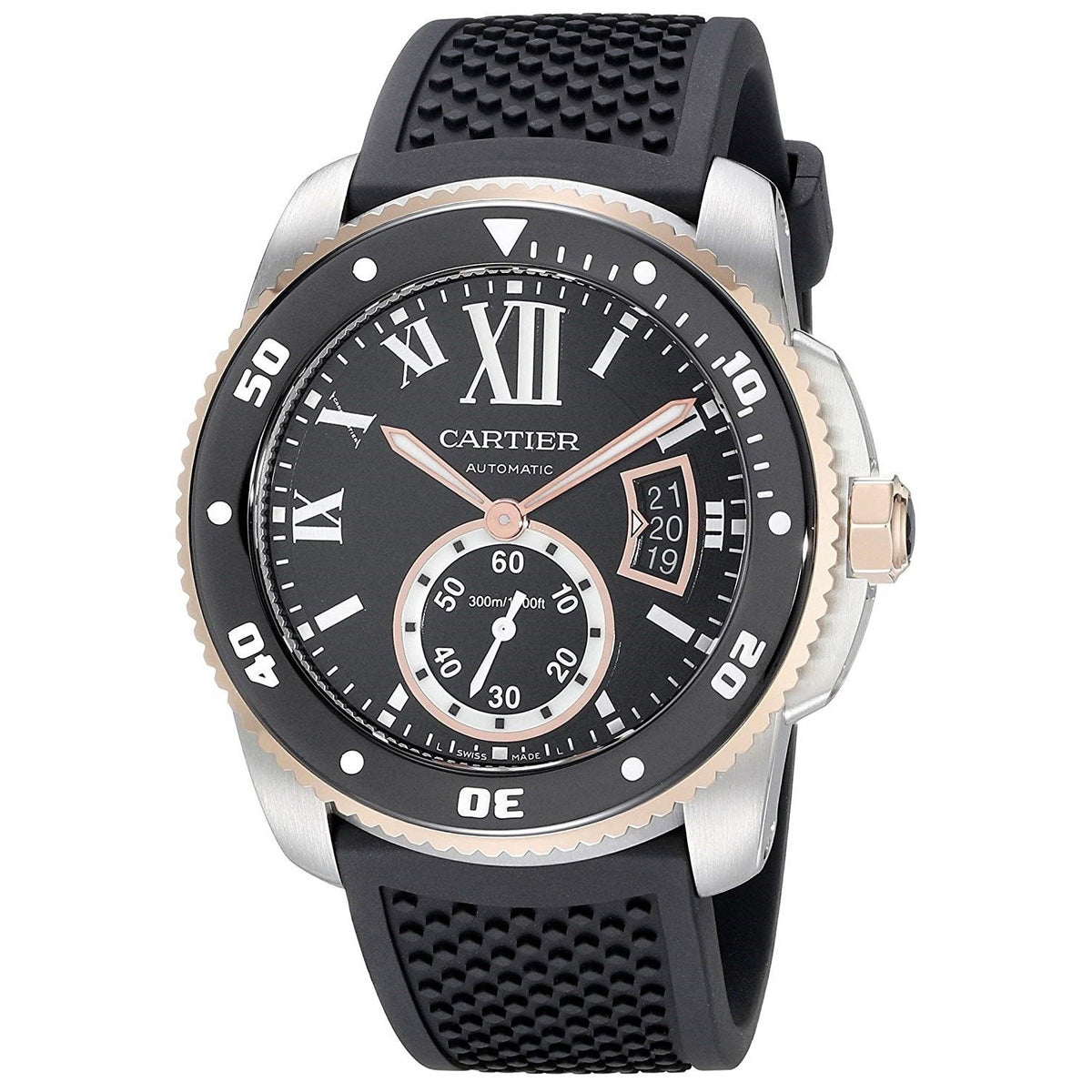 Cartier Men's W7100055 Calibre De Cartier Diver 18kt Pink Gold Automatic Black Rubber Watch