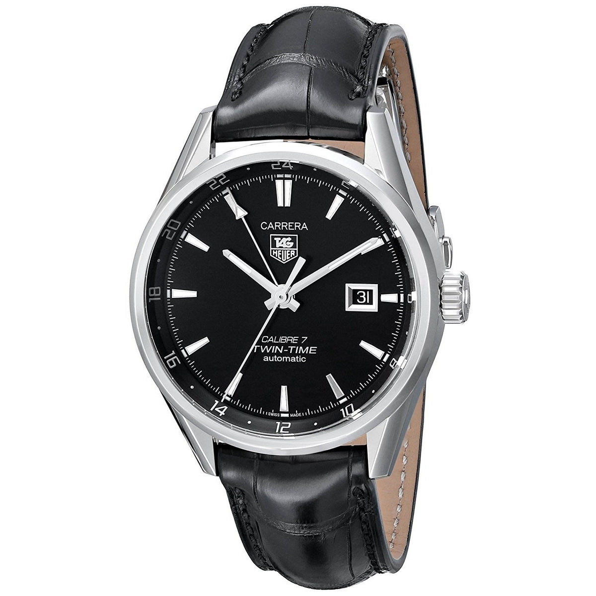 Tag Heuer Men&#39;s WAR2010.FC6266 Carrera Twin Time Automatic Black Leather Watch