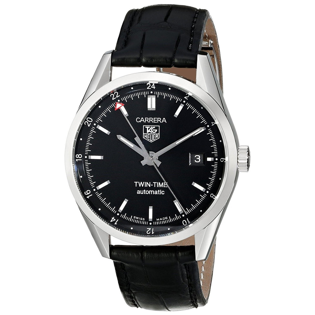 Tag Heuer Men&#39;s WV2115.FC6180 Carrera Twin Time Automatic Black Leather Watch