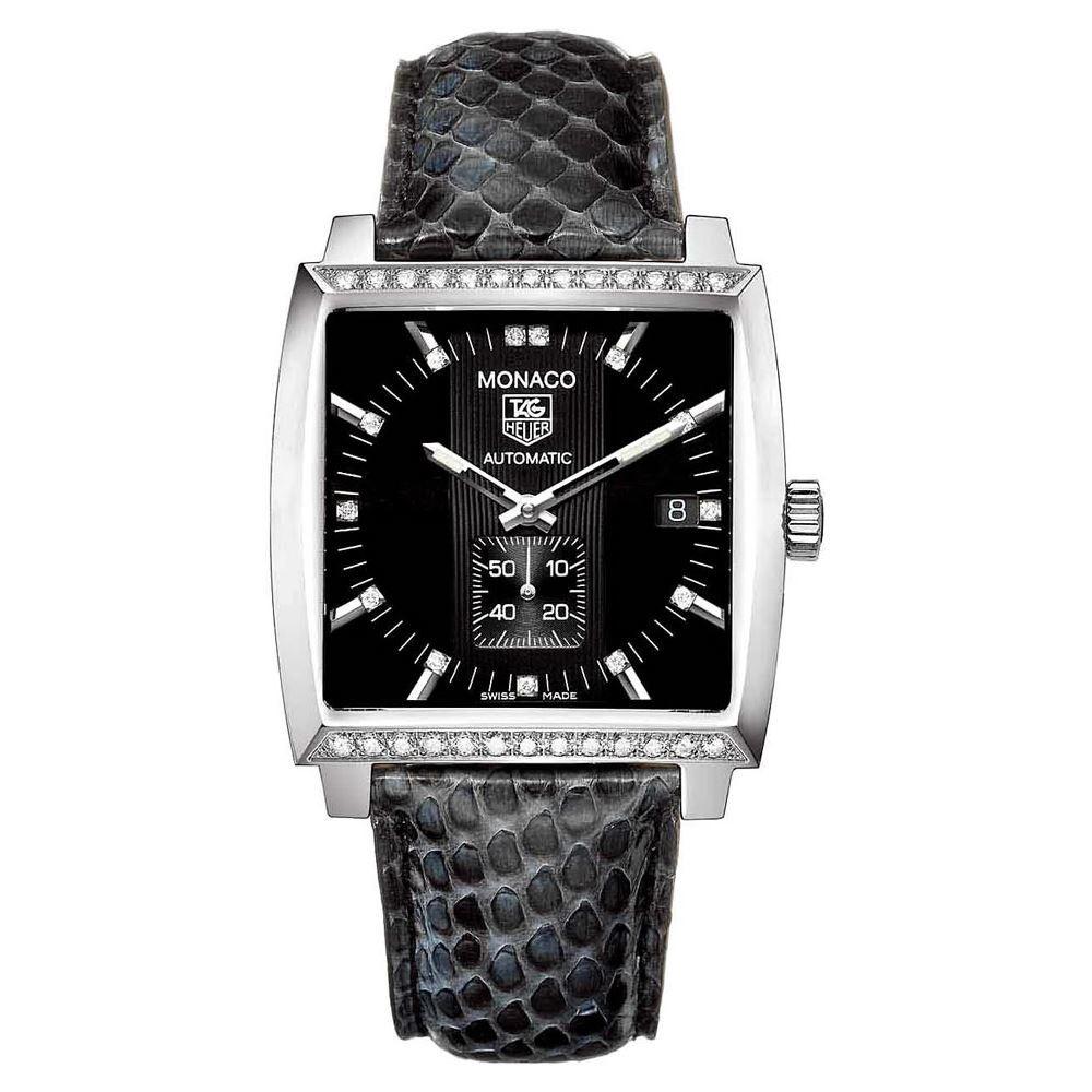 Tag Heuer Unisex WW2118.FC6216 Monaco Diamond Automatic Black Python leather Watch