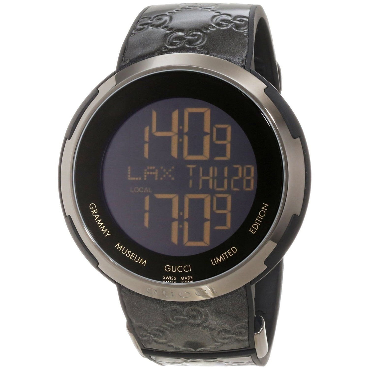 Gucci Men&#39;s YA114101 I-Gucci Grammy Museum Limited Edition Digital Black Leather Watch
