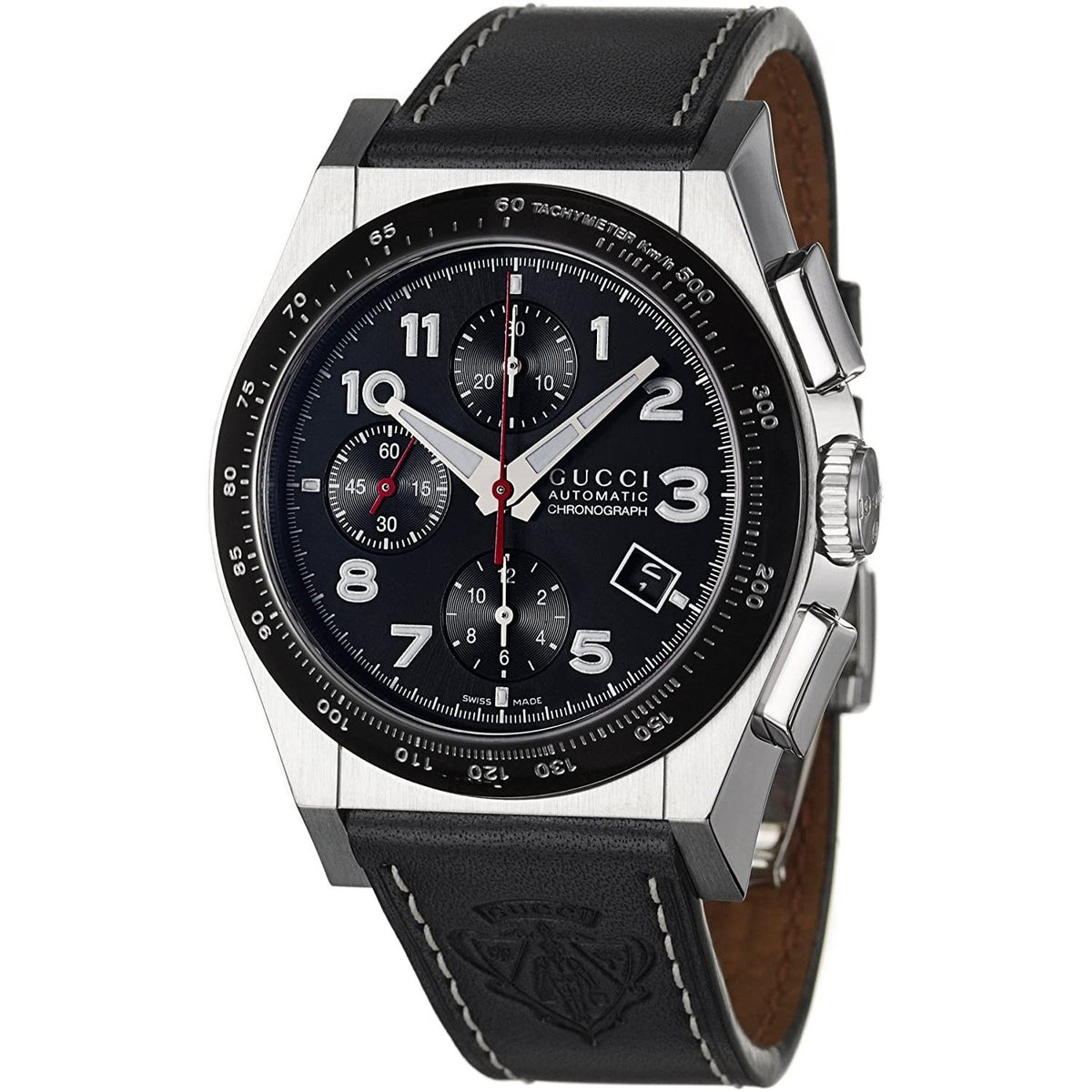Gucci Men's YA115232 115 Pantheon Chronograph Black Leather Watch