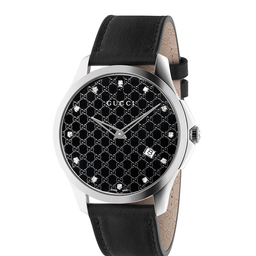 Gucci Women's YA126305 G-Timeless Diamond Black Leather Watch Bezali