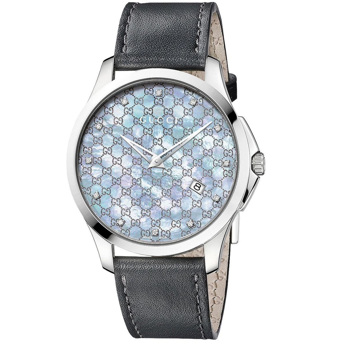 Gucci Women's YA126307 G-Timeless Diamond Black Leather Watch