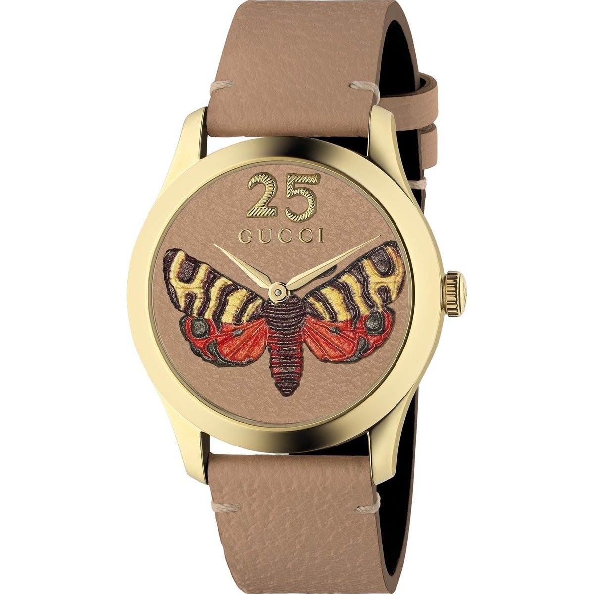 Gucci Women's YA1264063 G-Timeless Embroidered Butterfly Design Brown Leather Watch