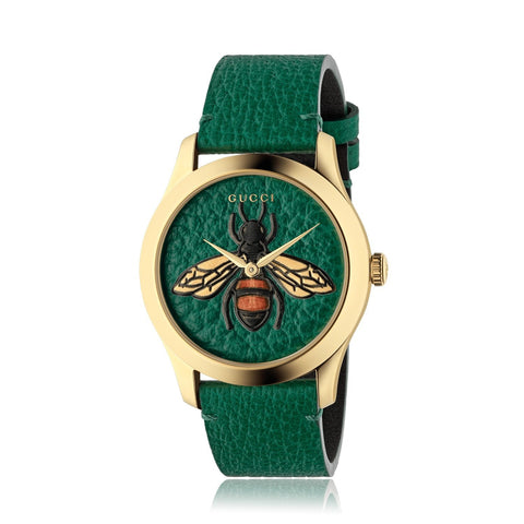 Gucci Unisex YA1264065 G-Timeless Bee Motiff Green Leather Watch