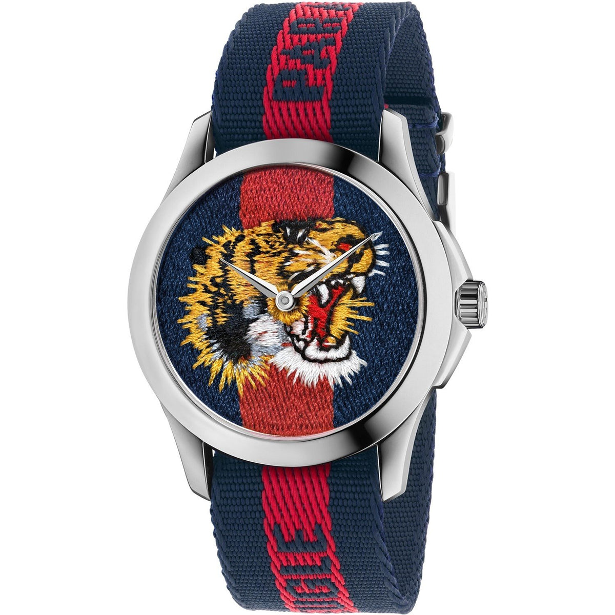 Gucci Men&#39;s YA126495 Le Marches des Marveilles Embroidered Tiger Red and Blue Nylon Watch