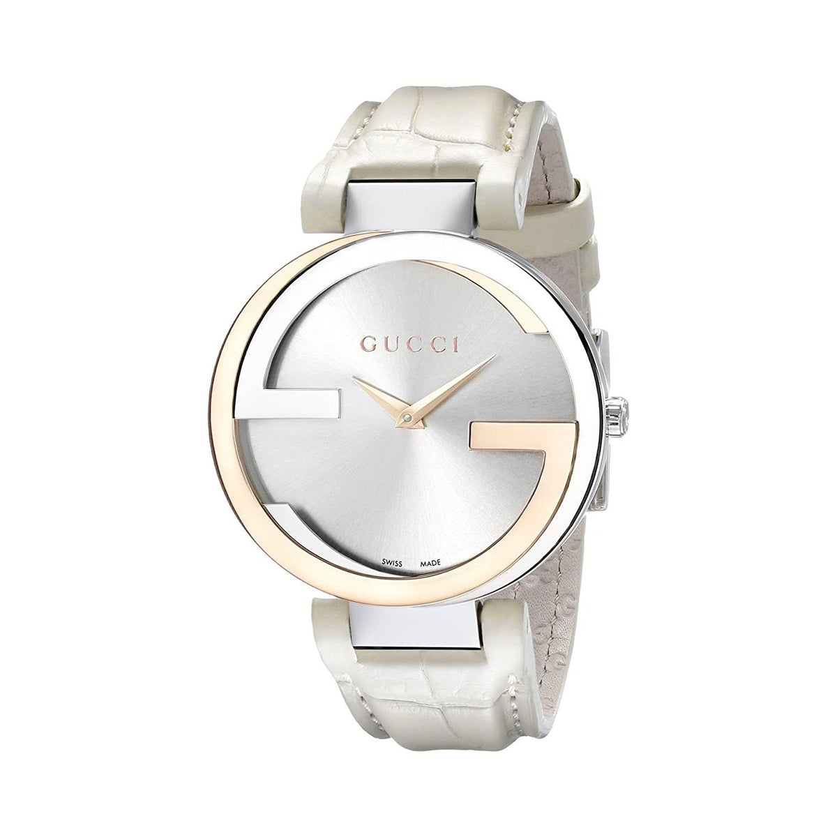 Gucci Women&#39;s YA133303 Interlocking 18k Gold White Leather Watch