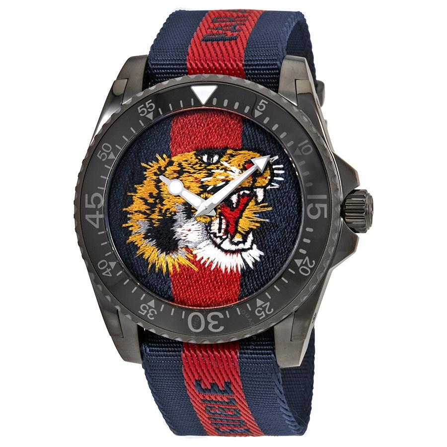 Gucci Men&#39;s YA136215 Dive Tiger Embroidered Dial Red and Blue Nylon Watch