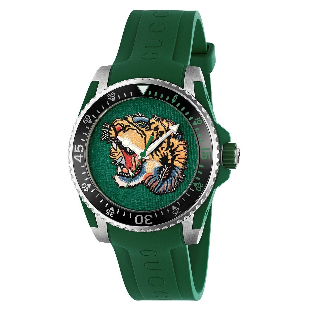 Gucci Men&#39;s YA136316 Dive Tiger Green Rubber Watch