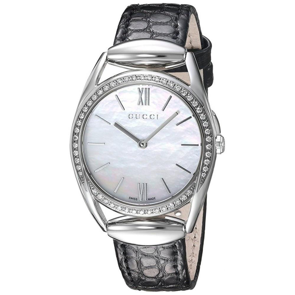 Gucci Women&#39;s YA140506 Horsebit Diamond Black Leather Watch