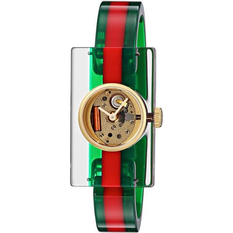 Gucci Women's YA143501 Fashion Show Skeleton Green and Red Plexigals Watch