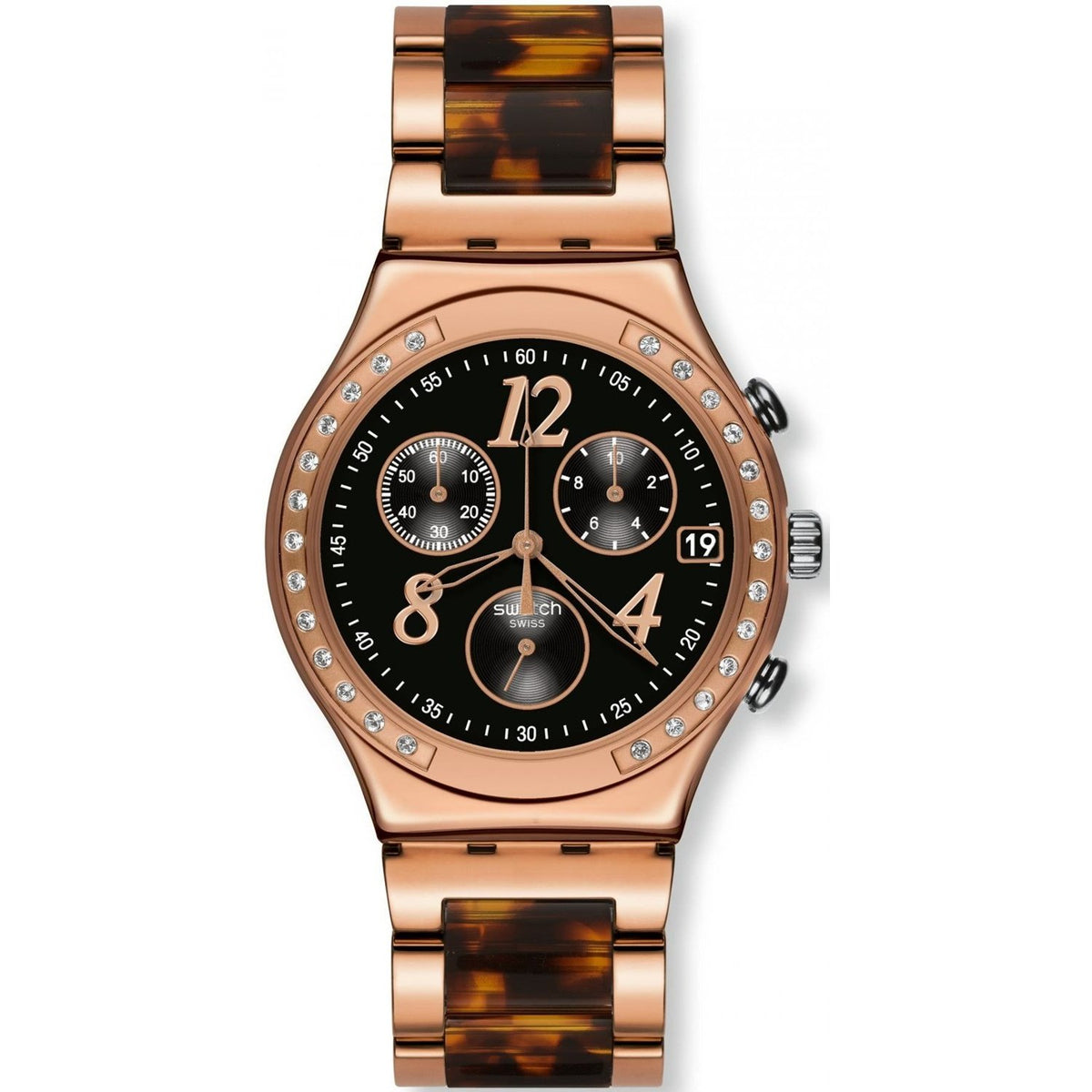 Swatch Women&#39;s YCG404GC Irony Dreamnight 14 Chronograph Crystal Tortoise Two-Tone Stainless Steel Watch
